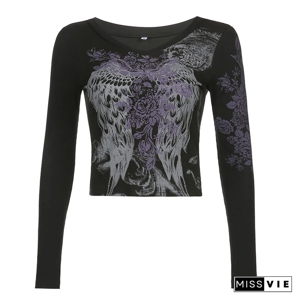 Autumn Spring Women’s Harajuku Vintage Long Sleeve T-shirt Feather Wing Flower Printed Y2K Aesthetic Female Mujer Slim Fit Tops