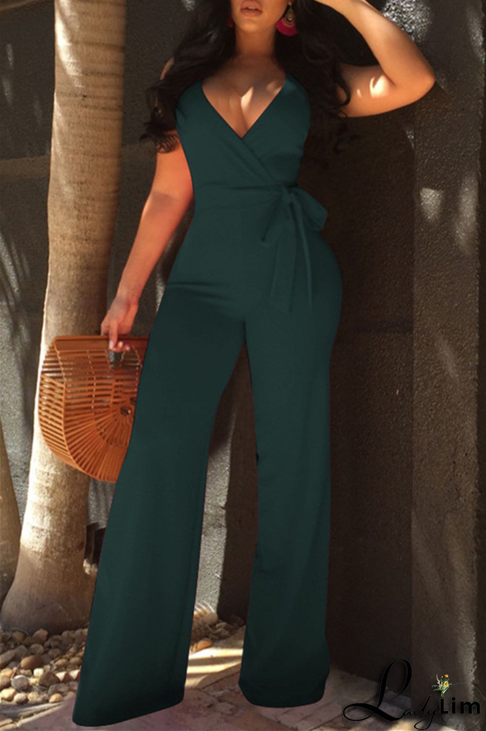Army Green Sexy Casual Solid Backless V Neck Regular Jumpsuits