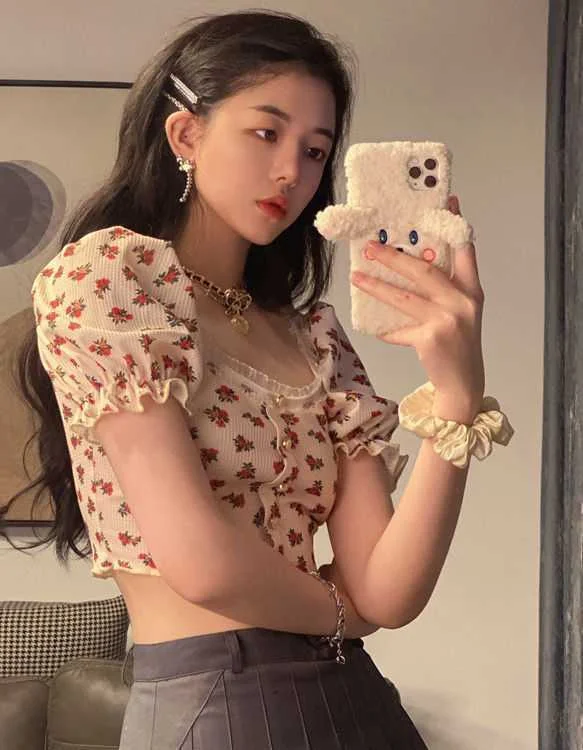 Uveng Uveng Summer Vintage Floral Short T-Shirt Women's Collar Puffed Sleeves Show Navel Top Fashion