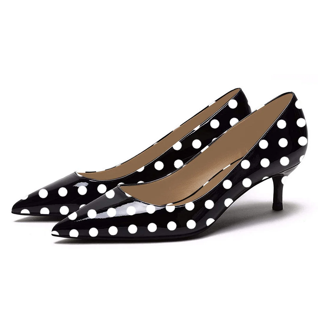 Pointed Toe Low Heel Patent Leather Black Pumps with Polka Dots