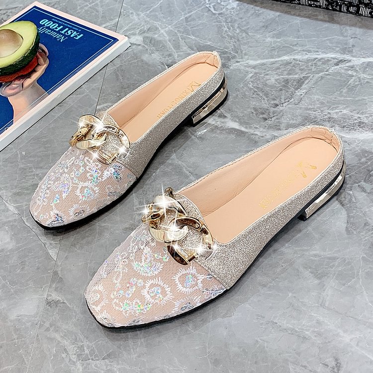 Summer New Mesh Square Toe Low Heel Slip-on Sandals Fashion Half Slippers