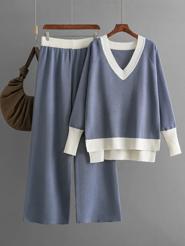 High-Low Contrast Color Split-Side V-Neck Sweater Tops + Elasticity Pants Trousers Two Pieces Set