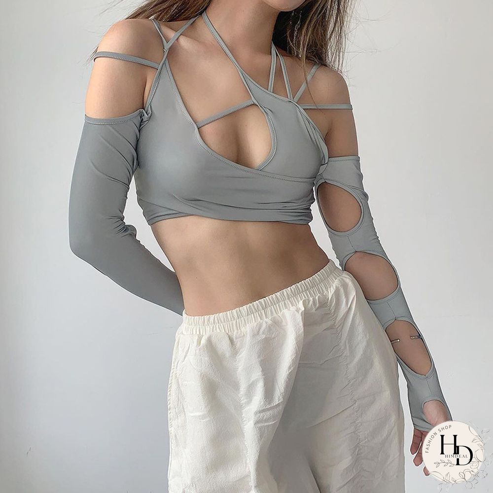 Punk Women Halter Tops Gothic Egirl Patchwork Long Sleeve Crop Top Sexy Cut Out Casual T-shirts