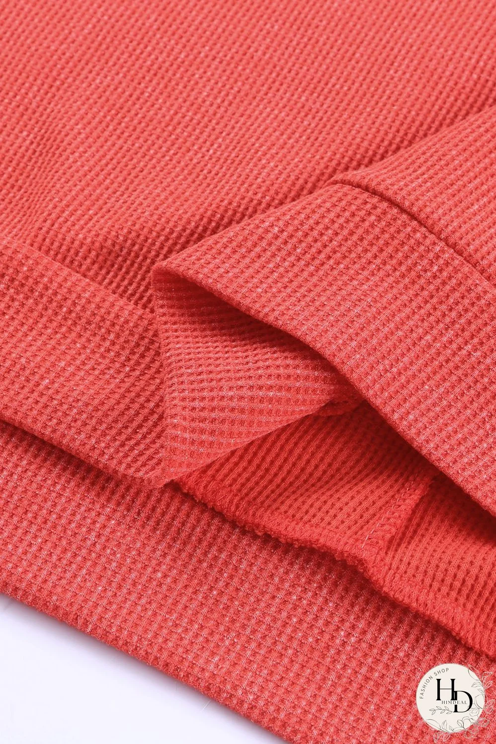 Washed Red Waffle Knit Side Slit Long Sleeve Top