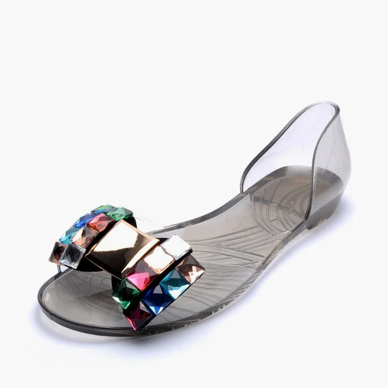 New Women Transparent Sandals Color Crystal Bowtie Flats Bohemia Peep Toe Shoes Female Summer Slip-On Beach Casual Shoes Ladies