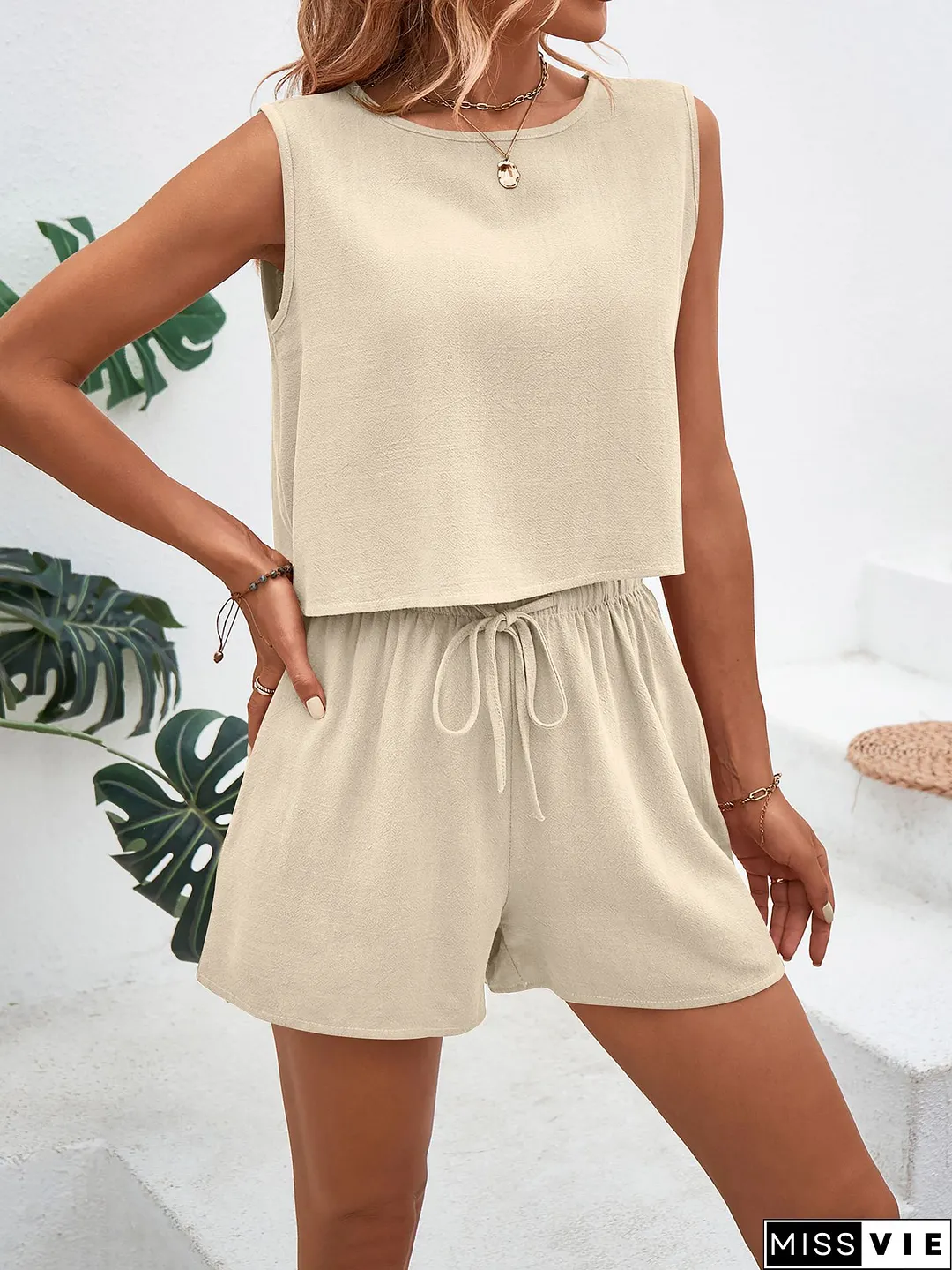 Knotted Backless Top & Lace-up Shorts Set