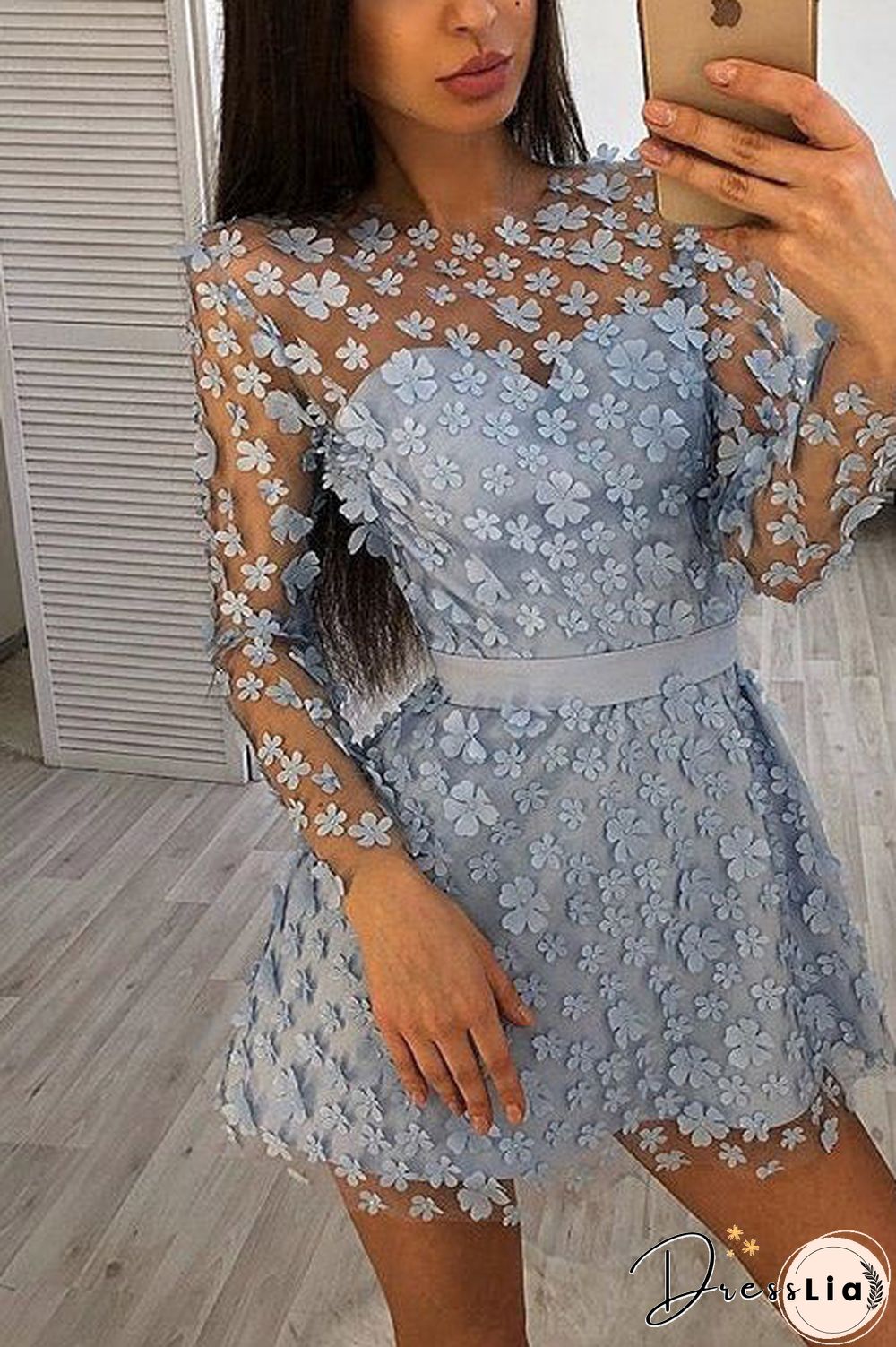 Champagne Applique Cocktail Dress With Long Sleeves