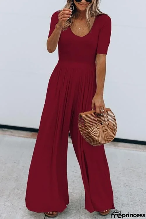 U Neck Short Sleeve Loose Jumpsuit