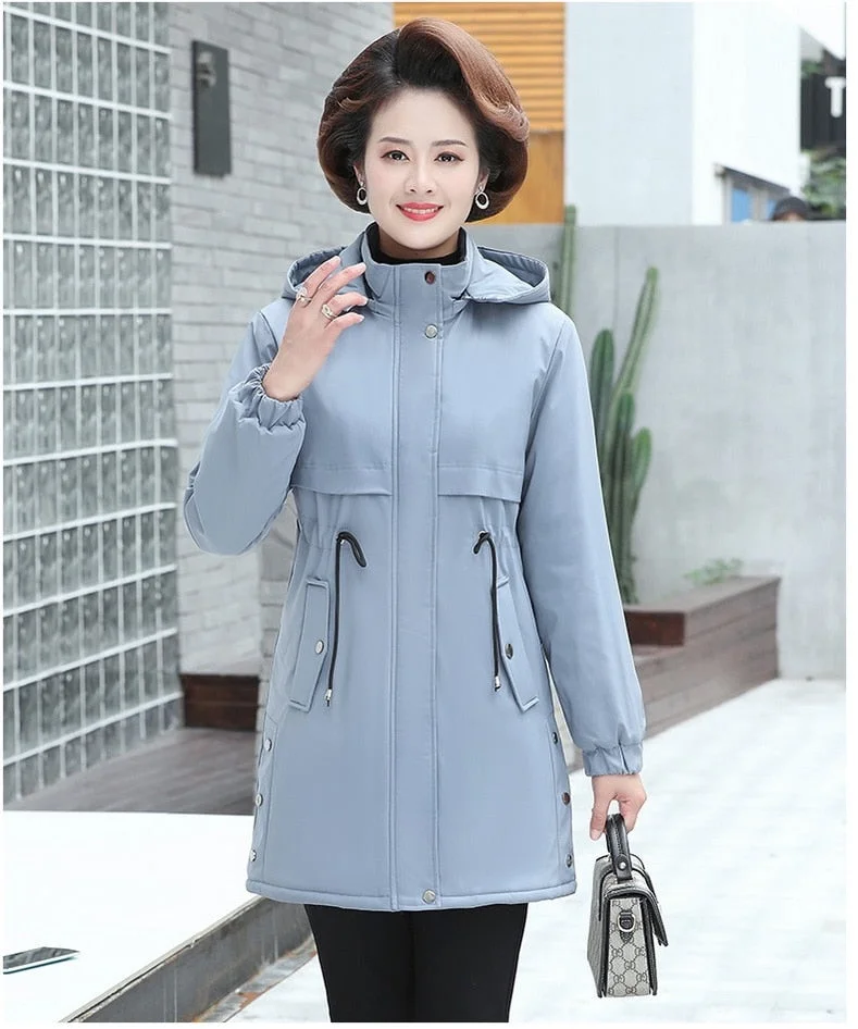 Autumn Winter Jacket Women Parka Plus Velvet Warm Hooded Overcoat Plus Size Middle-aged Female Cotton Padded Coat Windbreakers