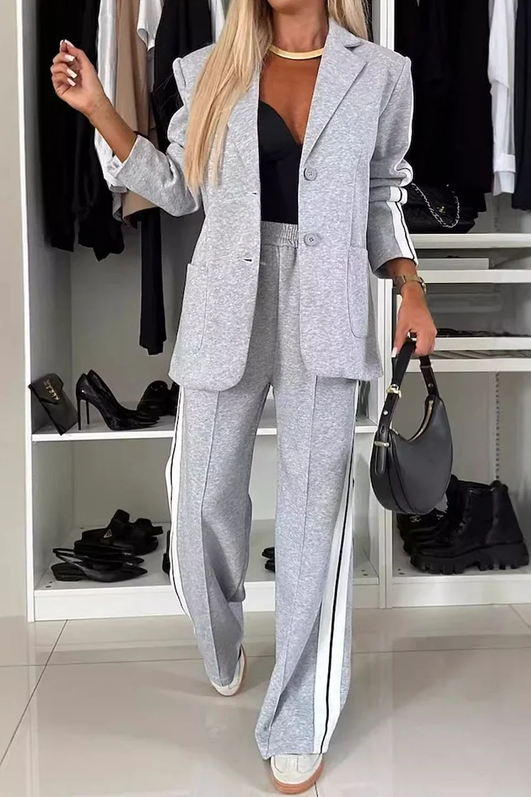 Women's Blazer 2 Piece Set Full Size Contrast Lapel Collar Top and Pants Set