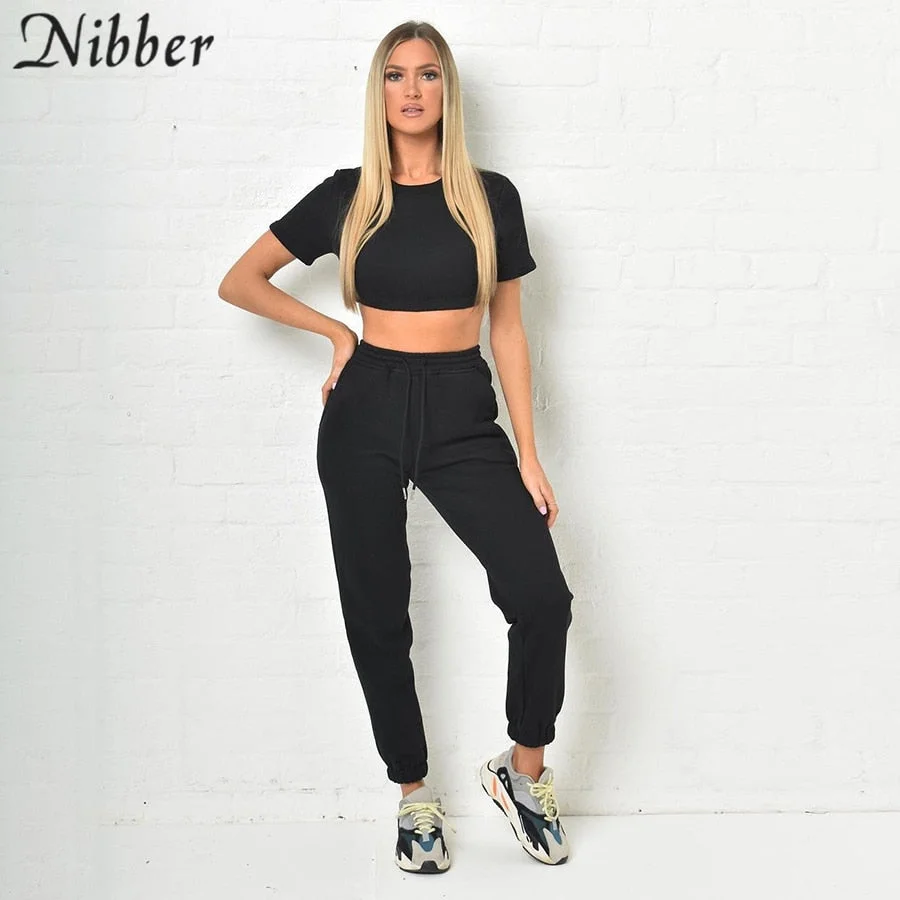 Nibber Women Casual Solid Tracksuit 2 Two Pieces Set Slim Short Sleeve Crop Top And High Waist Drawstring Pants Matching Set