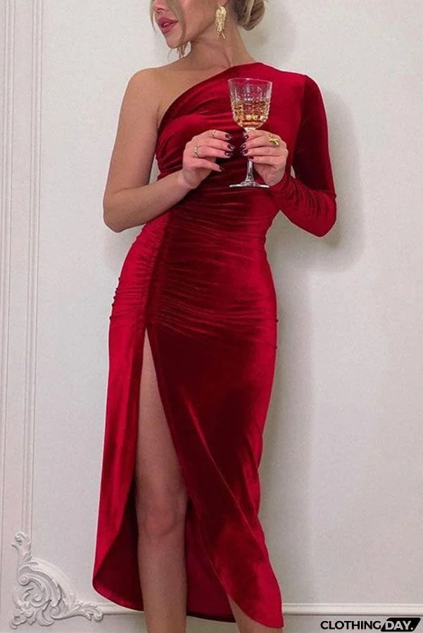 Miss Hollywood Velvet One Shoulder High Slit Midi Dress