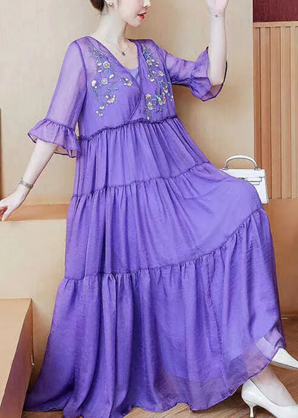 Loose Purple V Neck Embroidered Wrinkled Patchwork Chiffon Dress Summer
