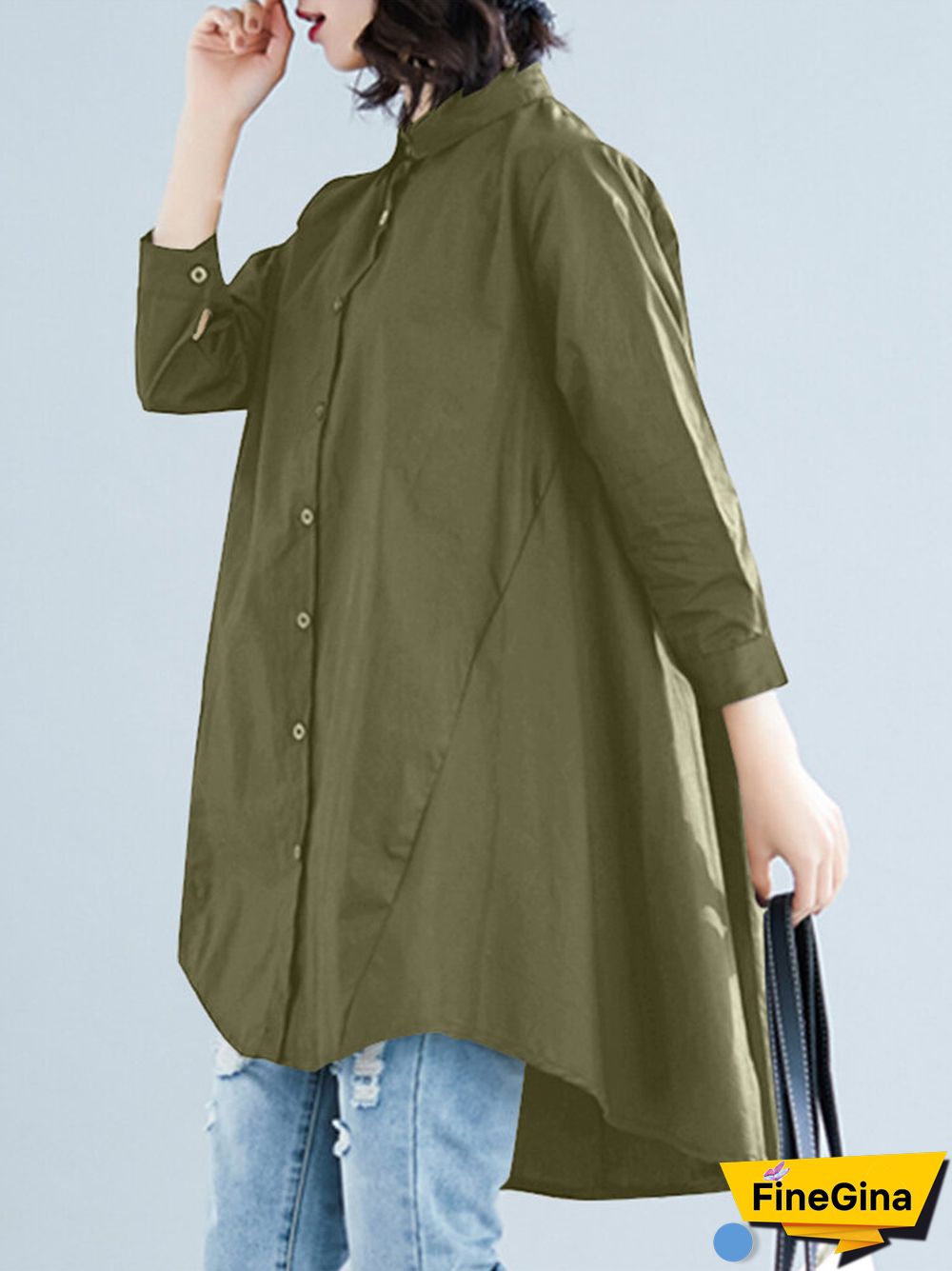 Solid Button High-Low Hem Lapel Loose Casual Shirt