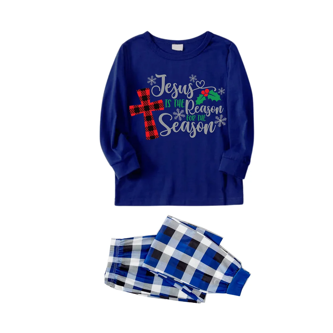 Christmas "Jesus is the Reason of the Season" Letter Print Patterned Blue Long Sleeves with Blue&White&Black Plaid Pants Family Matching Pajamas