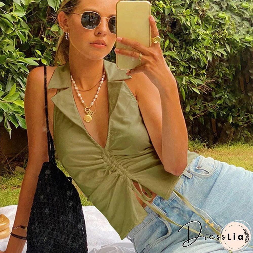 Deep V Neck Sleeveless Tank Top Women Summer Crop Tops Ruffles Drawstring Black Fashion Skinny Elastic Streetwear