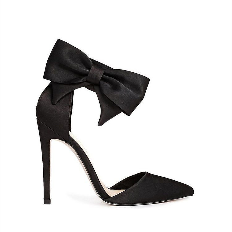 Women's Black Sexy Ankle Strap Sandals Bow Pointed Toe Stiletto Heels |FSJshoes