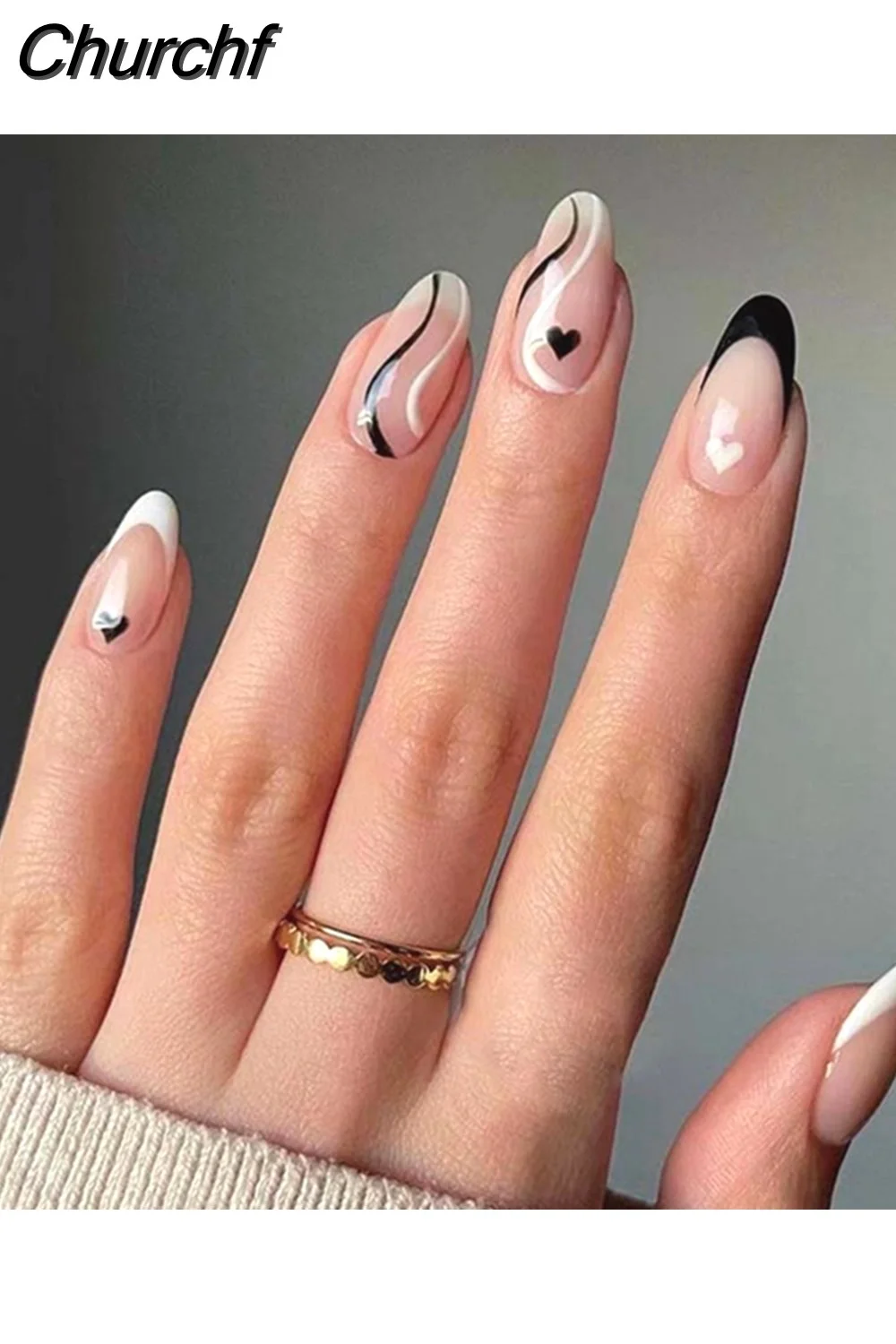 Churchf Almond False Nails Press On Nails Detachable Fake Nail Tip gold heart with Design Manicure Patches Press On Nails-Nail Inspo