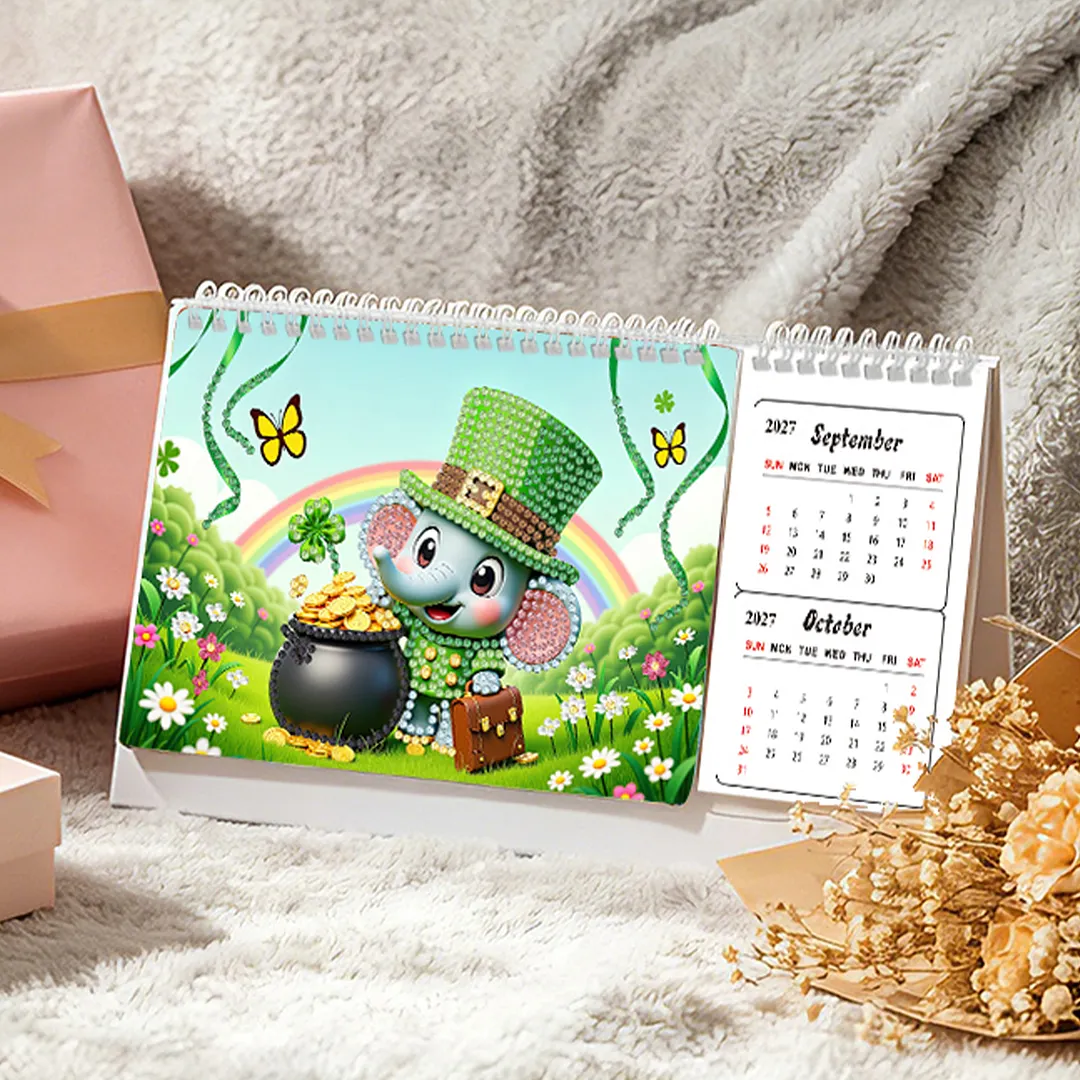 Elephant Diamond Art Monthly Flip Tabletop Calendar January 2027 - December 2028 Small Desktop Calendar Planner 24 Months for Living Room Bedroom Office Desk Gift Giving