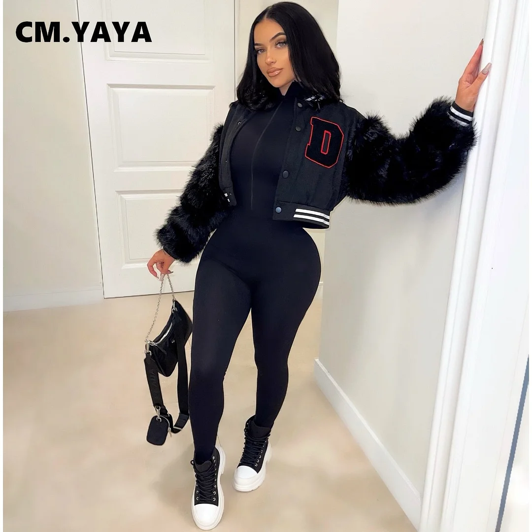 CM.YAYA Women Faux Cony Hair Long Sleeve Patchwork Letter Baseball Jacket for Sports Streetwear Winter Spring Outcoats