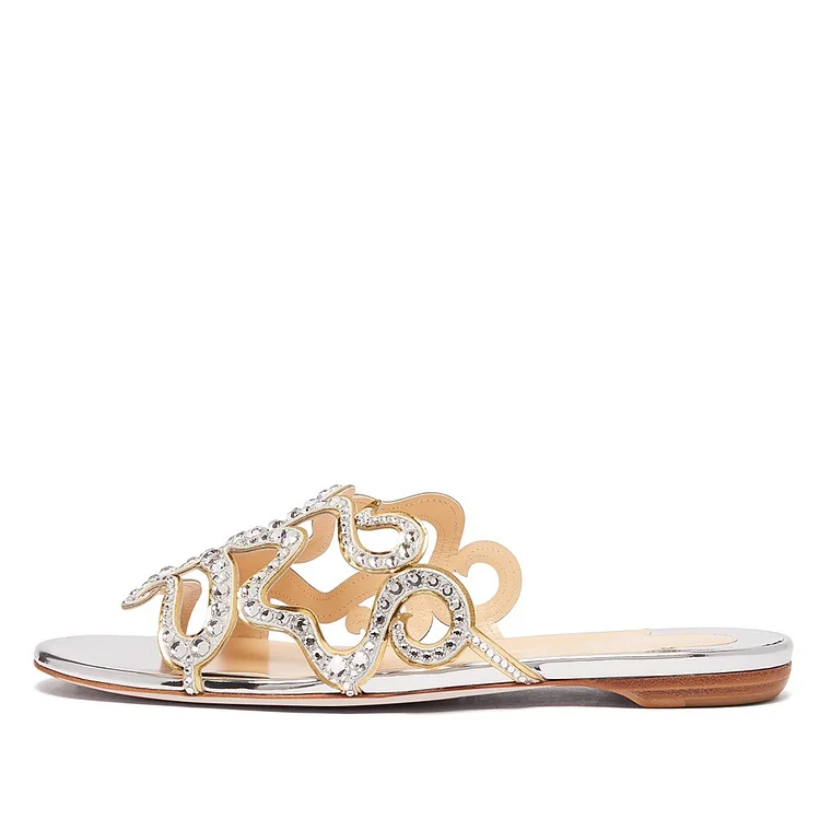 Slide Sandals with Rhinestones in Silver Vdcoo