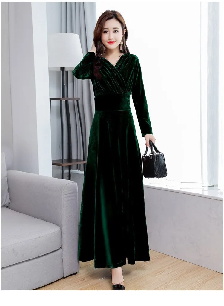 V Neck Plain Slim Defined Waist Velvet Dress
