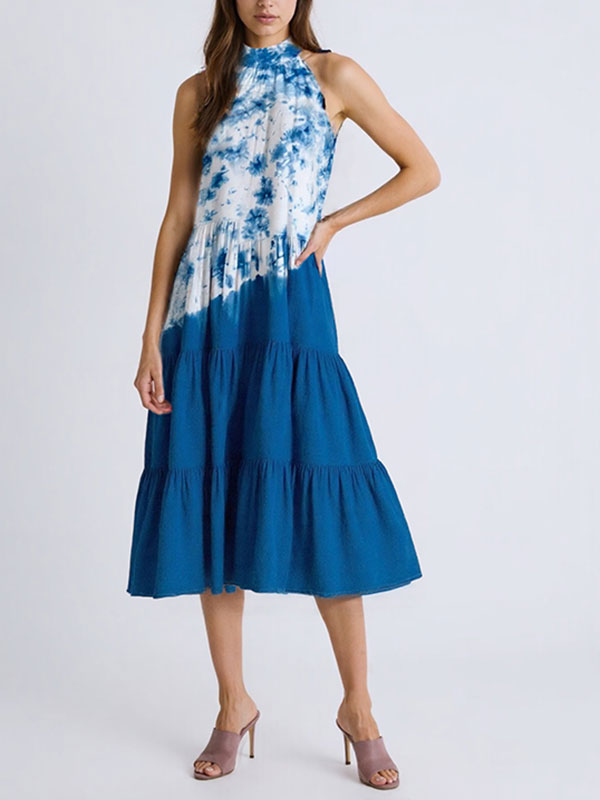 Hand-tie-dyed Off Shoulder Halterneck Midi Dress