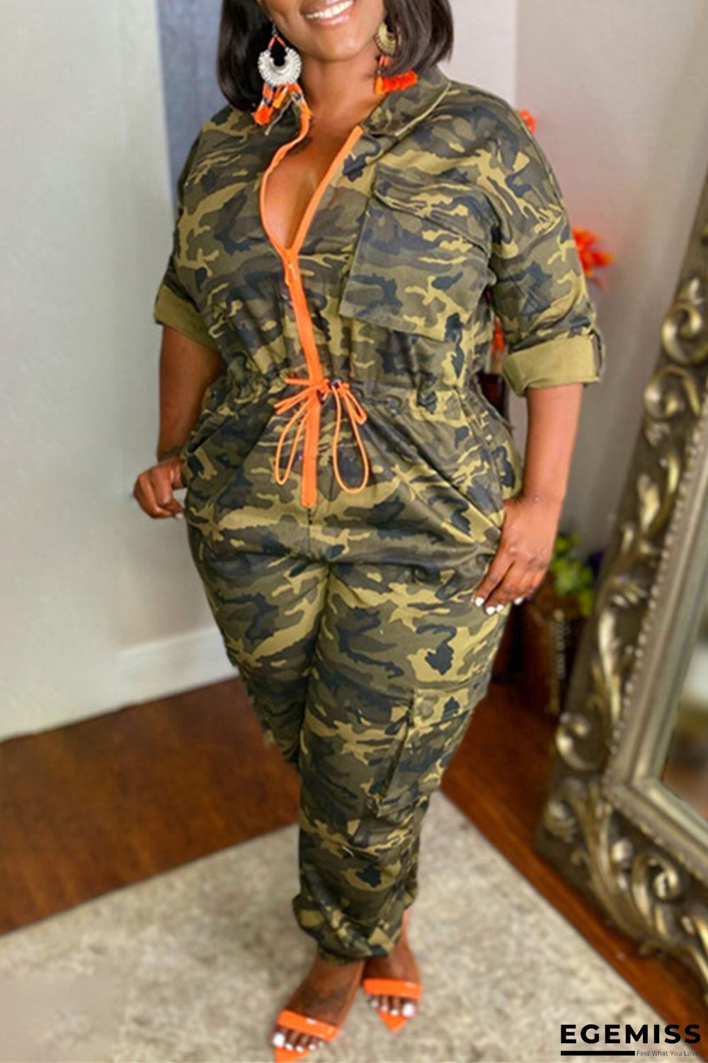 Army Green Fashion Casual Camouflage Print Patchwork Zipper Collar Plus Size Jumpsuits | EGEMISS