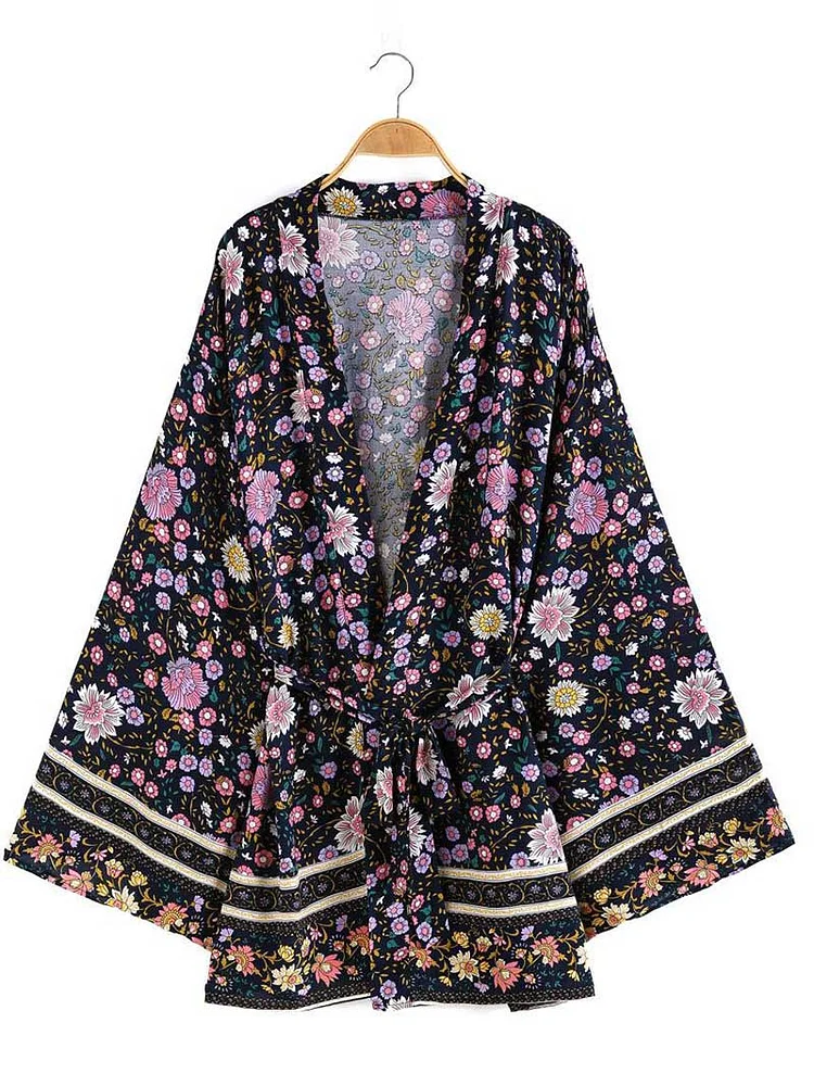 Beach Black Multi Flowers Printed Long Sleeve Cotton Gown Kimono 