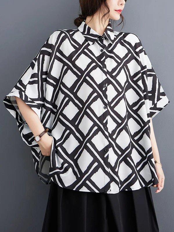 Buttoned Plaid Printed Batwing Sleeves High-Low Lapel Blouses&Shirts Tops