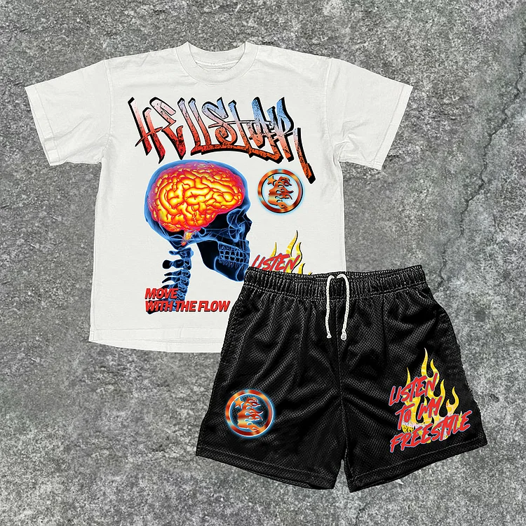 Vintage Hellstar Color Flame Skeleton Graphic Short Sleeve Tee & Shorts Two Piece Set SOPULA