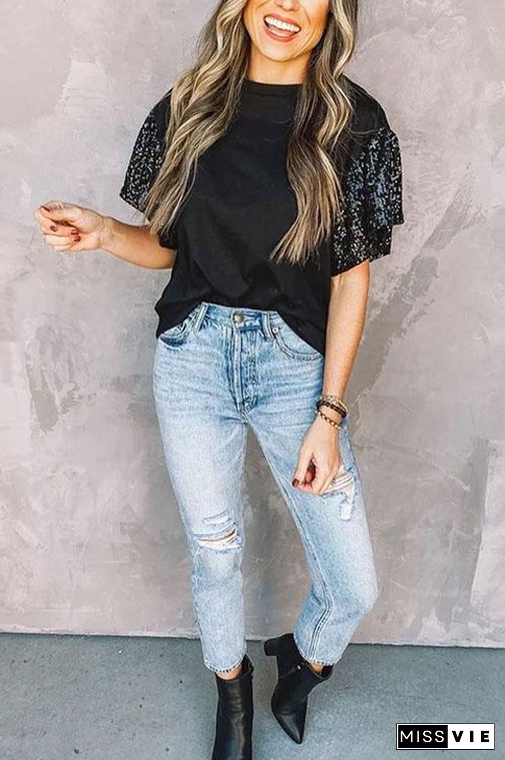 Short Sleeve Sequin Round Neck T-Shirt Top