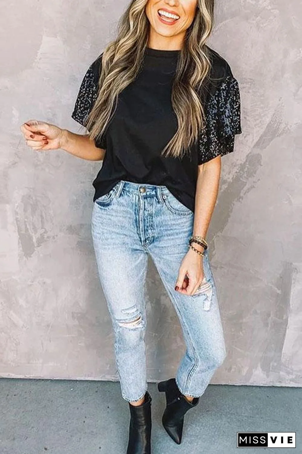 Short Sleeve Sequin Round Neck T-Shirt Top