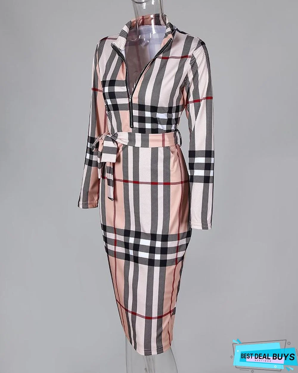 Grid Long Sleeve Zipper Front Bodycon Dress