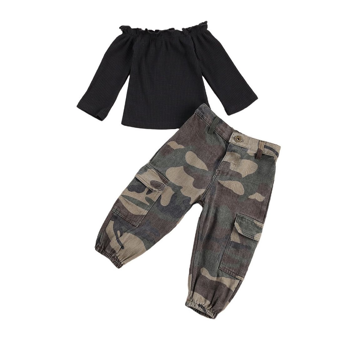 2 Pcs Baby Girl's Casual Suit, Solid Boat Neck Long Sleeve Ribbing Elastic Top Leopard Camouflage Tie Dye Loose Trousers Pocket