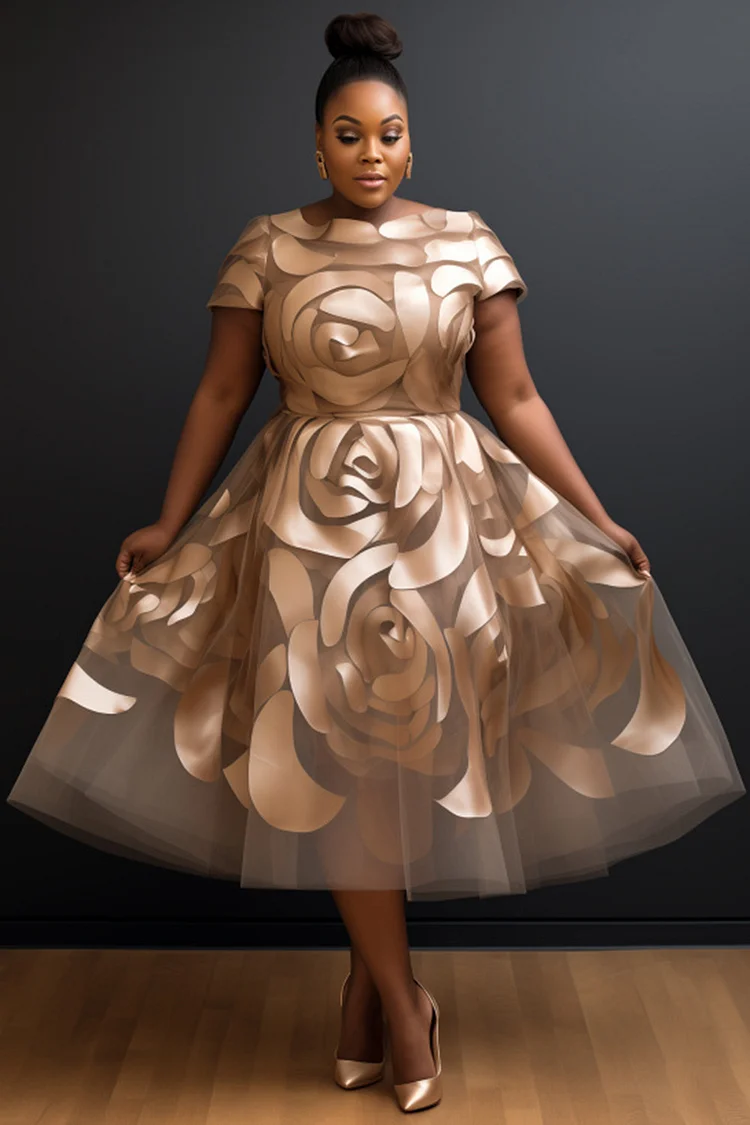 Xpluswear Design Plus Size Wedding Guest Champagne Floral Round Neck Short Sleeve See Through Elegant Midi Dresses [Pre-Order] 2024 - Xpluswear