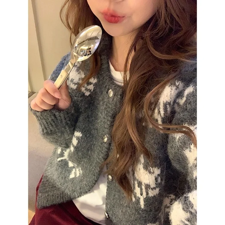 Athvotar Athvotar Vintage Fair Island Jace Sweater Women's Autumn/Winter New Lazy Wind Heavy Industry Snowflake Short Cardigan T-Shirt Tide