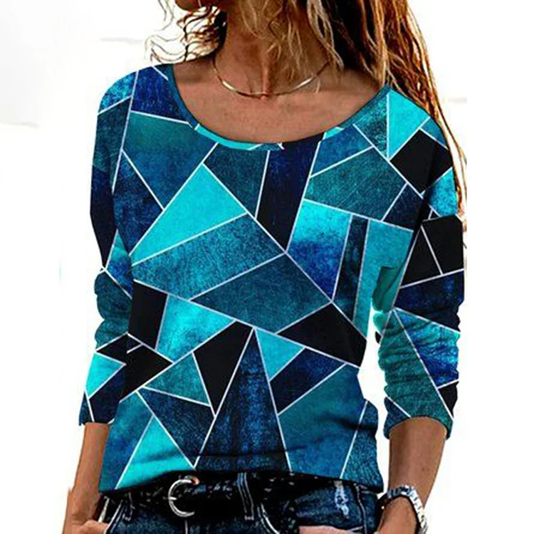 Wearshes Casual Geometric Contrast Long Sleeve Crewneck T-Shirt