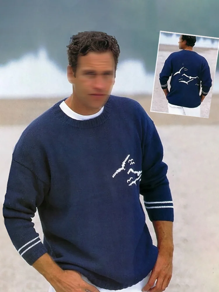 Retro Seagull Print Knitted Jacquard Sweater