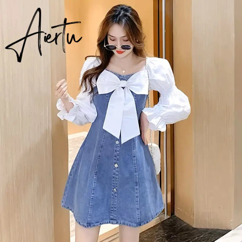 Aiertu Denim Dress Ruffle Jeans Dress Women Slip Off Shoulder Dresses Mesh Patchwork Long Sleeve Clothes Korean Cute Kawaii Lolita Aiertu