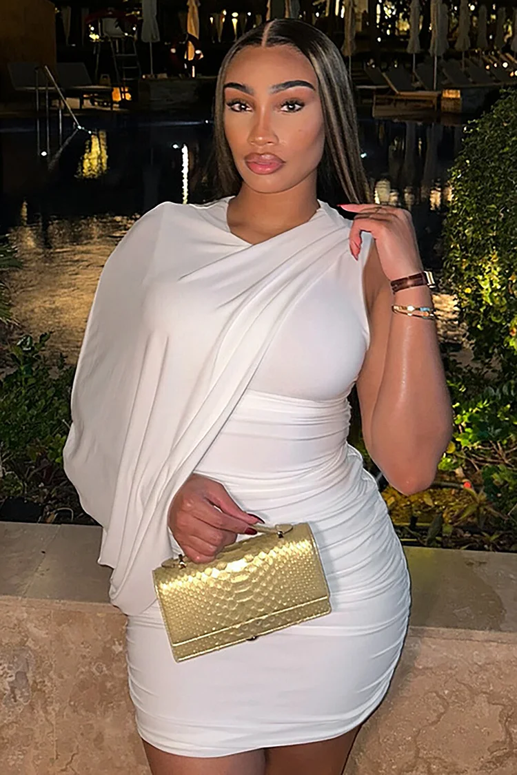Asymmetrical Overlay Ruched Bodycon Mini Dresses-White