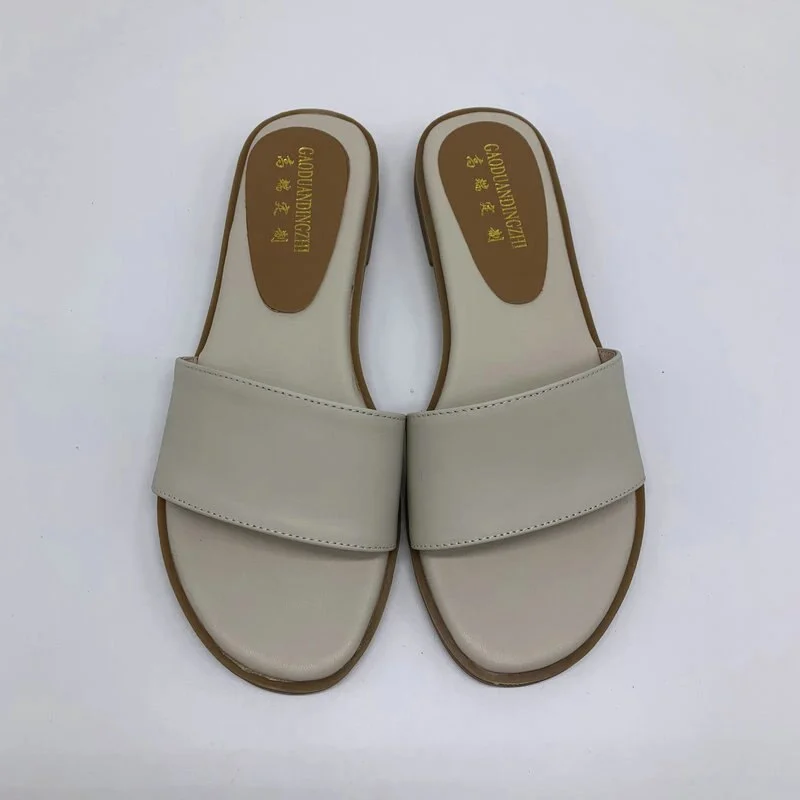 New women slippers 100% Genuine leather 1.5cm flat slipper open toe women sandals  black  yellow ladies casual shoes woman