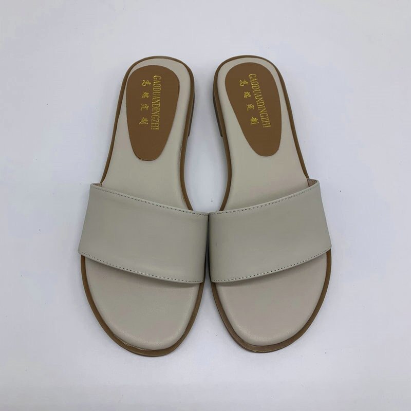 New women slippers 100% Genuine leather 1.5cm flat slipper open toe women sandals  black  yellow ladies casual shoes woman