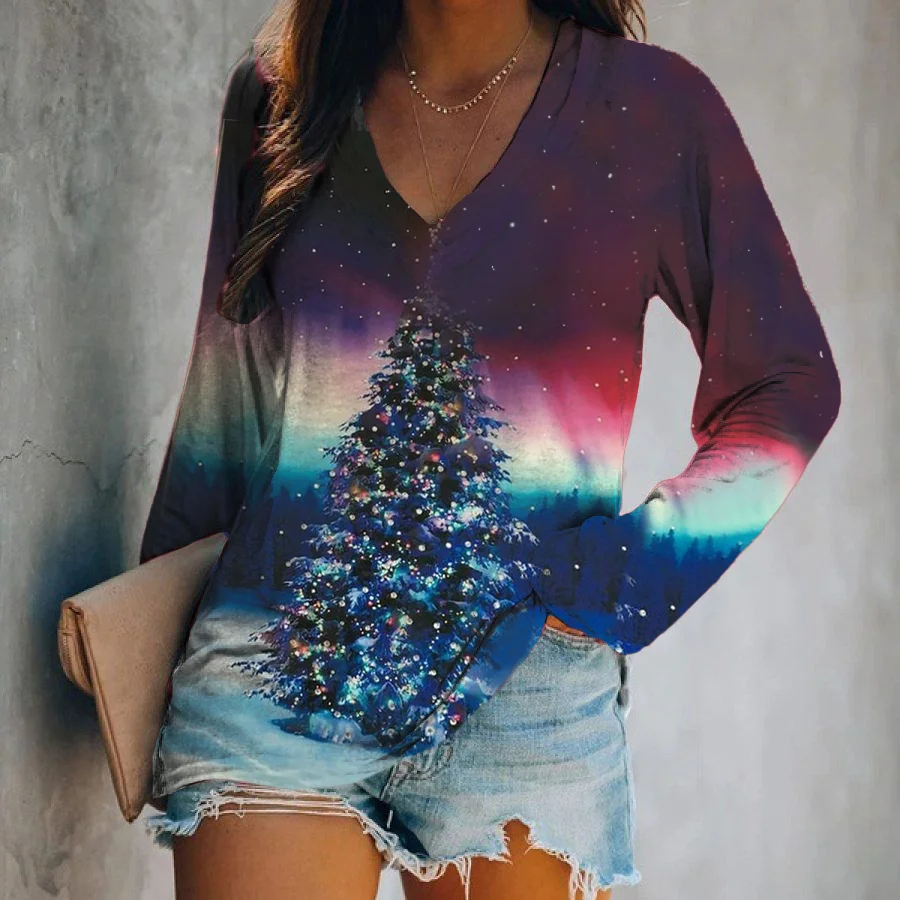 Aurora Christmas Tree Print V-Neck Women's T-Shirt