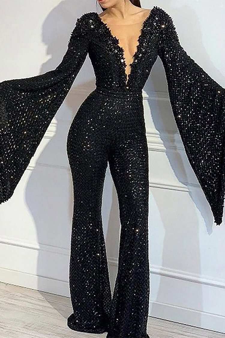 Sequins Deep V Neck Bell Sleeves Bodycon Jumpsuit
