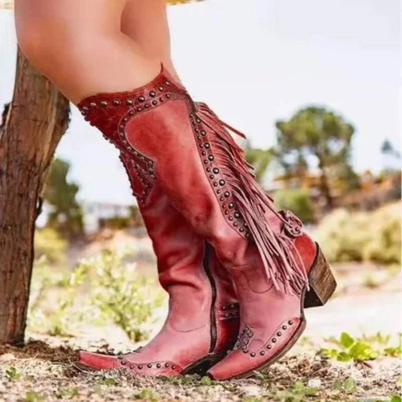 zolucky Women Vintage Tassel Western Boots with Zipper | EGEMISS