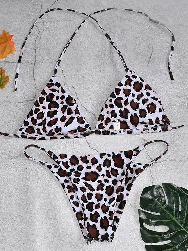 Leopard Print Triangles Bandage Split Bikini Swimsuit