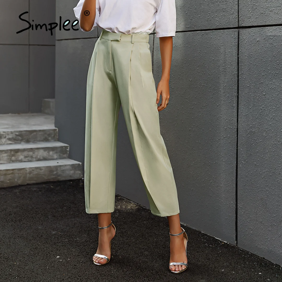Simplee Solid high waist office lady trousers Loose casual apricot summer women pants High street style Harlan pleated trousers 929