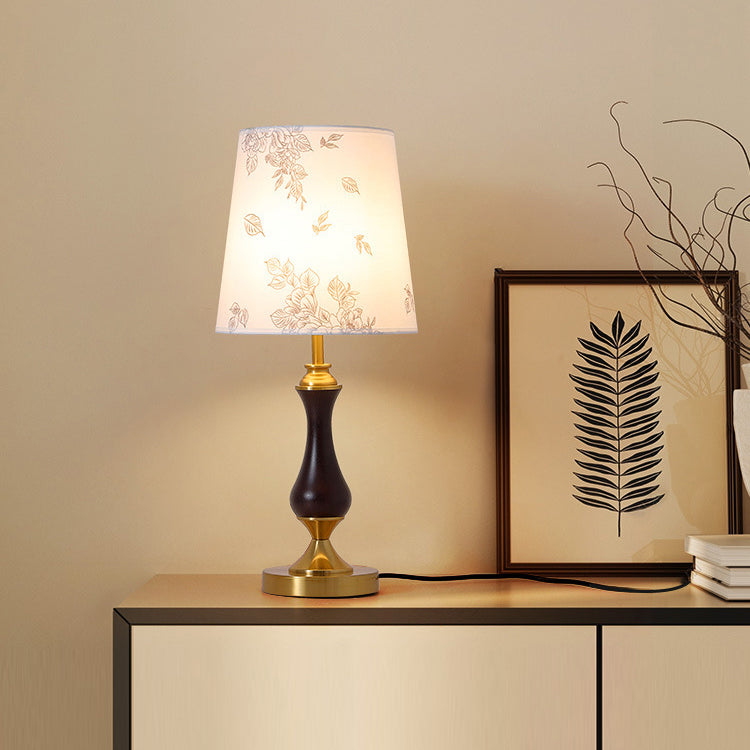 Traditional Vintage Round Table Bottle Disc Base Ash Wood Hardware Fabric 1-Light Table Lamp For Bedroom mysite