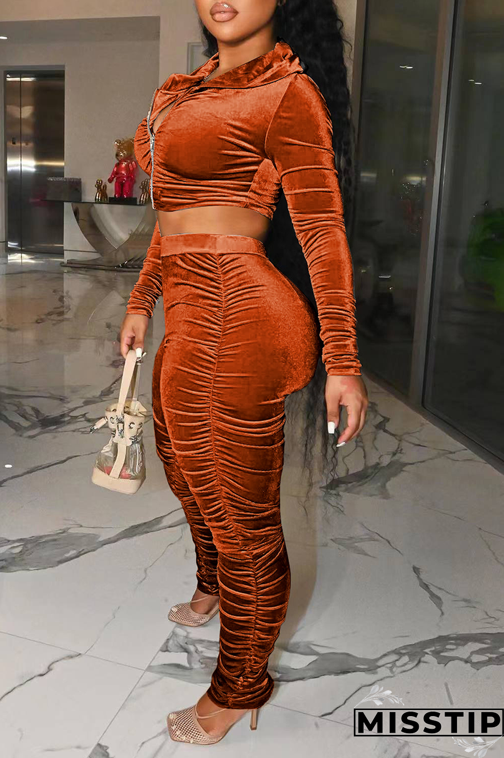 Black Street Solid Fold Hooded Collar Long Sleeve Two Pieces